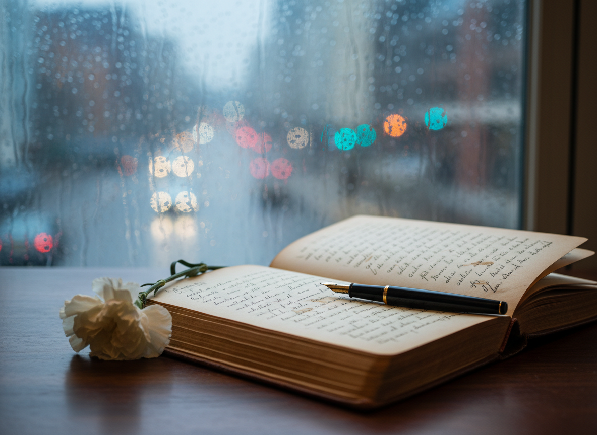 A worn, leather-bound journal lies open on a dark wooden desk, its cream pages filled with delicate handwritten verses in flowing ink, some lines smudged as if by old tears. Beside it rests a black enamel fountain pen and a single, slightly wilted white carnation. The scene is set near a rain-streaked window, city lights outside dissolving into soft bokeh. Cool, overcast afternoon light seeps through the glass, creating gentle reflections on the desk and subtle shadows along the journal’s spine. Photographic realism, shot at eye level with a shallow depth of field, emphasizes the intimacy of private reflection and quiet sadness, evoking sophisticated, contemplative melancholy.