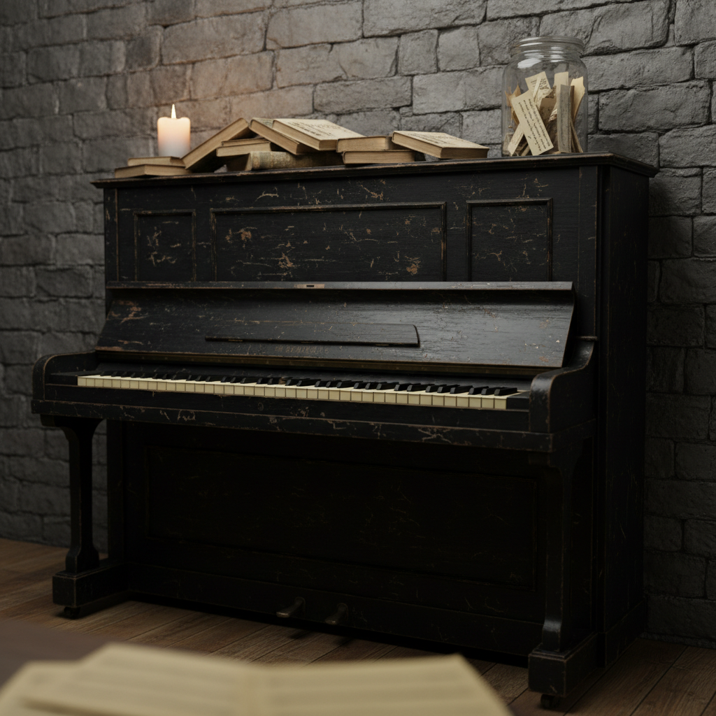 An old upright piano with chipped black lacquer stands against a textured, slate-gray wall, its top crowded with small, meaningful objects: a single candle burned nearly to its base, a stack of dog-eared poetry books, and a glass jar containing folded paper strips with handwritten lines. The candle’s soft, flickering light is the primary source, casting warm, trembling highlights on the piano keys and long, dramatic shadows behind the jar. A few scattered sheets of music lie on the floor, blurred in the foreground. Photographic realism, shot at a three-quarter angle with shallow depth of field, creates an intimate, elegant atmosphere of nocturnal rumination, where music and verse intertwine with dignified sorrow.