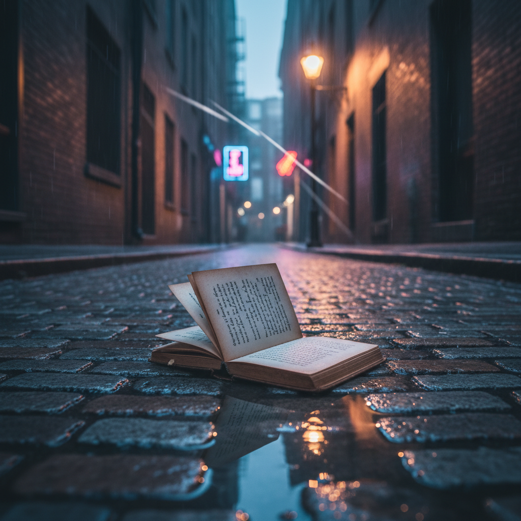 A narrow, rain-soaked alleyway at blue hour, cobblestones glistening like scattered fragments of memory. In the foreground, a small, leather poetry chapbook lies half-open in a shallow puddle, its inked verses reflecting upside-down in the water. Neon signs from distant storefronts glow in muted blues and magentas, blurred into soft streaks by the drizzle. A single vintage streetlamp casts a soft golden cone of light, creating long, contemplative shadows between the stones. Photographic realism with a low-angle perspective and deep depth of field draws the viewer’s eye from the intimate detail of the wet pages to the lonely vanishing point, evoking elegant, urban melancholy and quiet existential reflection.