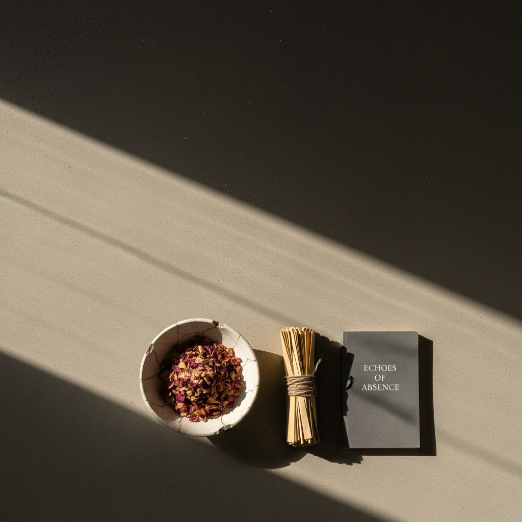 On a minimalist concrete floor, a carefully arranged still life: a cracked ceramic bowl filled with dried rose petals, a bundle of yellowing letters tied with dark twine, and a slim poetry collection with a charcoal-gray cover titled in understated serif type. A thin shaft of late afternoon light falls through unseen blinds, carving parallel stripes of brightness and shadow across the scene. Dust motes float in the beam, barely visible, emphasizing time’s slow passage. Captured in photographic realism from a top-down perspective with balanced negative space, the composition feels refined, restrained, and deeply contemplative, framing heartbreak and memory in a sophisticated, almost museum-like arrangement of quiet objects.